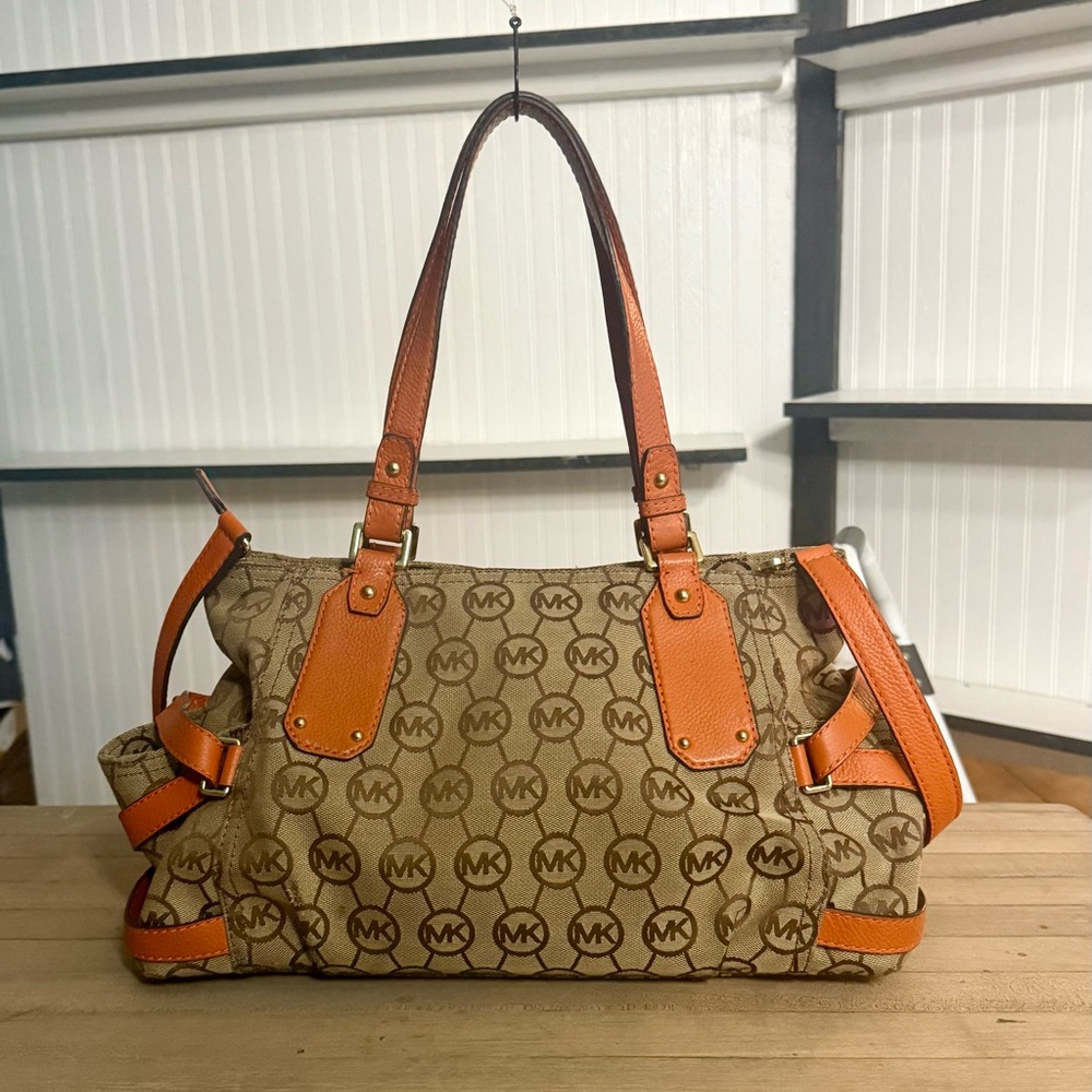 Michael Kors Monogram Gansevoort Beige Tangerine Canvas Leather Satchel Bag - Picture 4 of 16